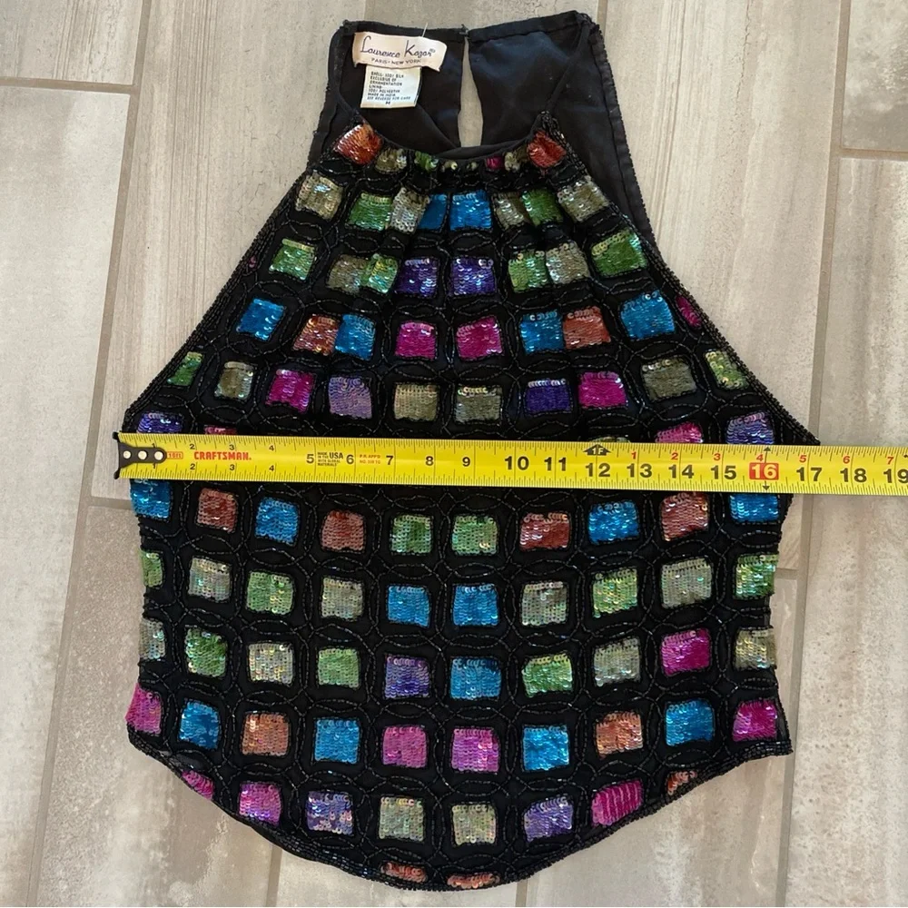 VTG Laurence Kazar Silk Multicolor Sequin Beaded Halter Top Medium 80's - Picture 9 of 15